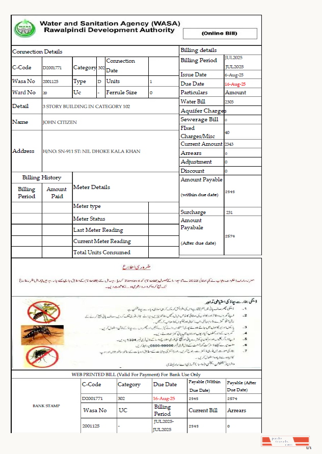 Pakistan Water and Sanitation Agency Rawalpindi Development Authority utility bill template in Word and PDF formats